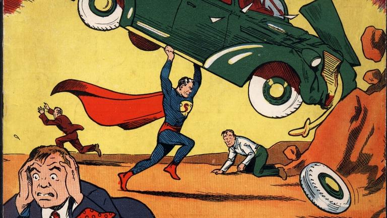 Superman zerschmettert ein Auto (Cover von Action Comics #1, 1938) 