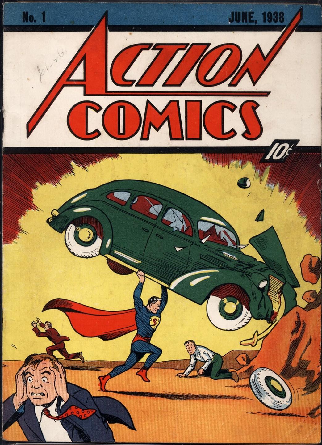 Superman zerschmettert ein Auto (Cover von Action Comics #1, 1938) 