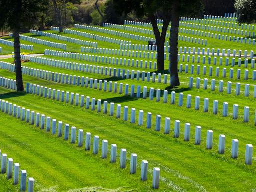 Ein Veteranenfriedhof in den USA: Viele schmale, hohe und helle Grabsteine stehen auf einer großen Rasenfläche.