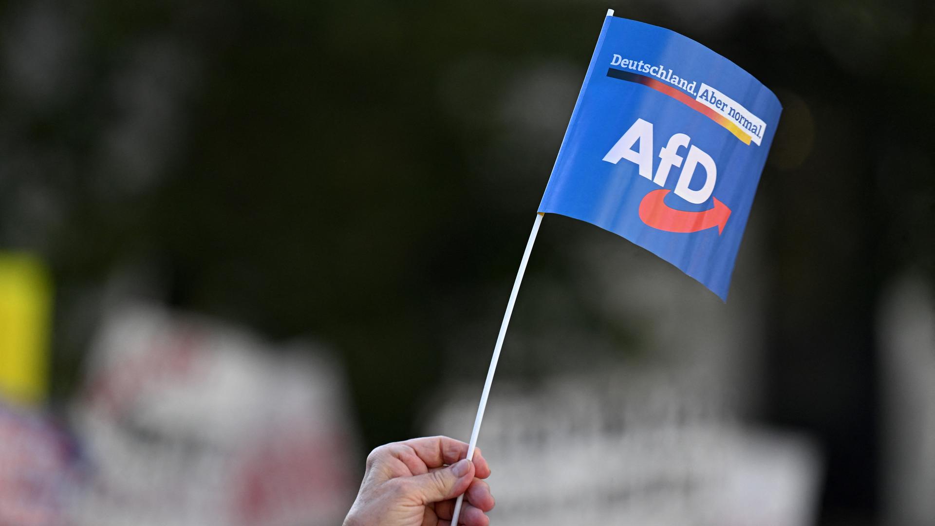 Eine AfD Papierfahne wird in München geschwenkt.