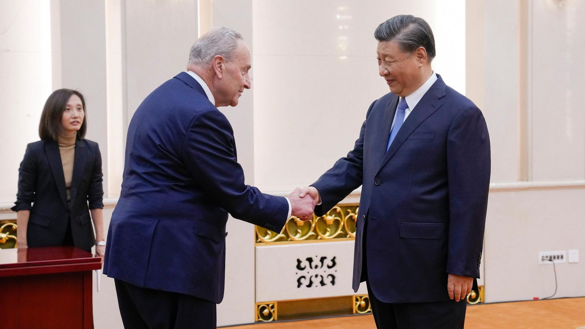 Mehrheitsführer der Demokraten im US-Senat, Schumer, links, und Chinas Staats- und Parteichef Xi Jinping reichen sich die Hände.