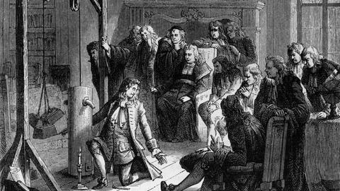 Denis Papin demonstriert 1688 der Professorenschaft in Marburg seine "Pulvermaschine" 
