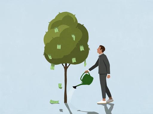 Ein Mann gießt einen Geld-Baum (Illustration)