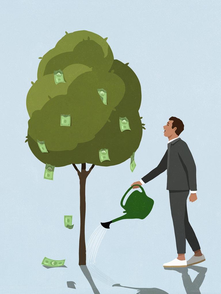 Ein Mann gießt einen Geld-Baum (Illustration)