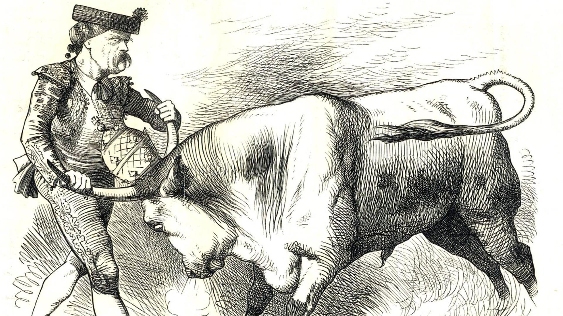 Eine Karikatur zeigt Otto von Bismarck als spanischen Stierkämpfer in einer Auseinandersetzung mit einem Stier, auf dessen Kopf eine Bischofsmütze sitzt.
