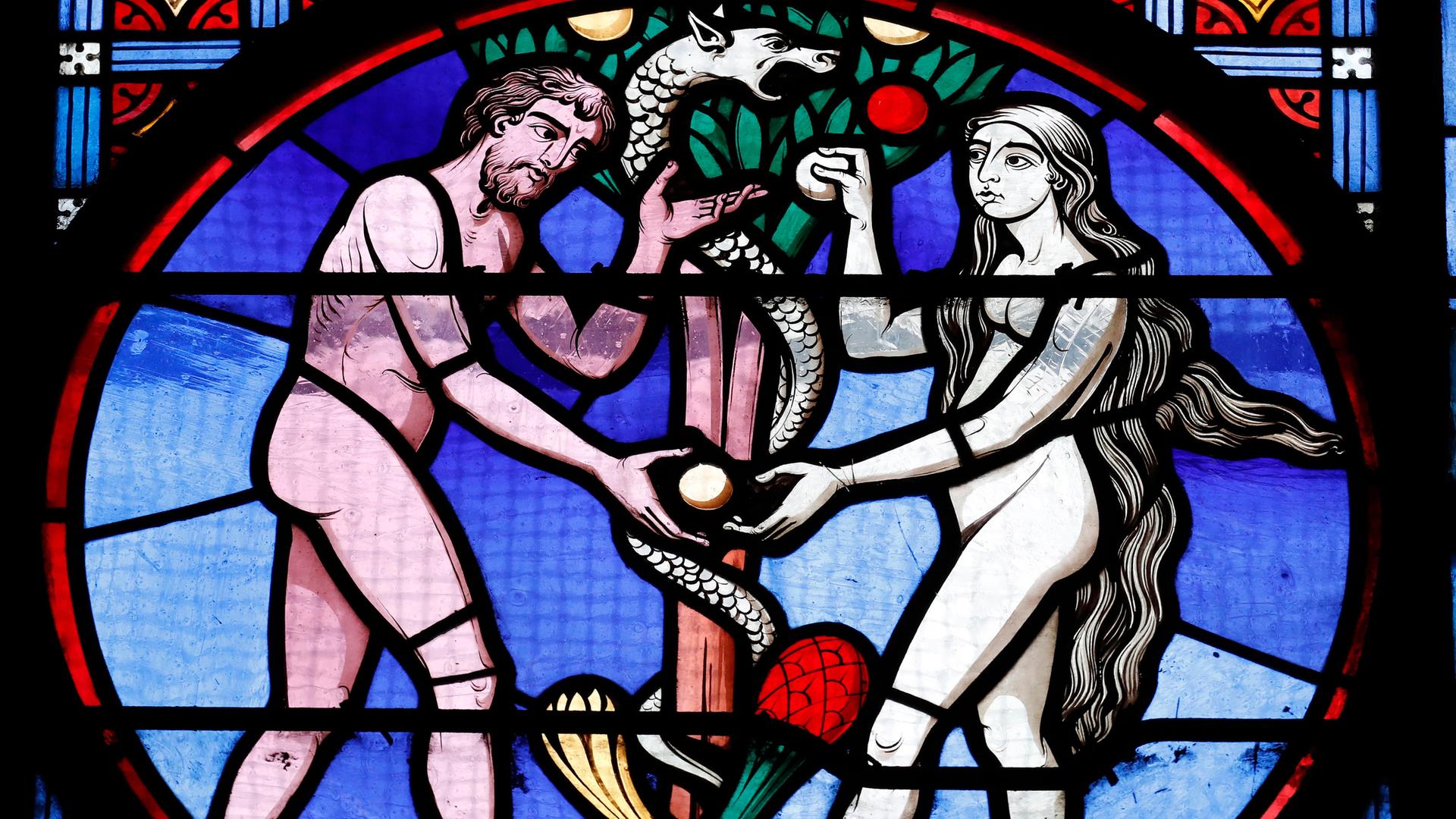 Adam und Eva begehen die "Ursünde" im Paradies: Kirchenfenster in der Basilika der französischen Stadt Paray-le-Monial. Adam und Eva begehen die "Ursünde" im Paradies: Kirchenfenster in der Basilika der französischen Stadt Paray-le-Monial.