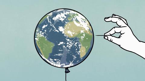 Illustration: Eine Hand mit Stecknadel pickst in einen Weltkugel-Ballon.