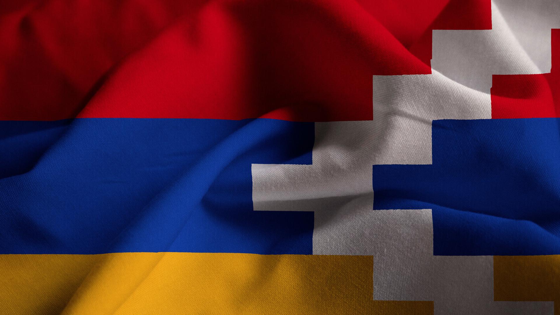 Closeup of Ruffled Nagorno Karabakh Flag, Nagorno Karabakh Flag Blowing in Wind, 19.04.2020 15:10:44, Copyright: xShaadjutt36x Panthermedia28340658