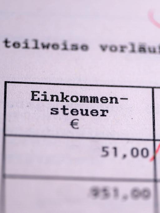 Ein Einkommensteuerbescheid vom Finanzamt. Hinter der Einkommensteuer ist ein roter Haken gesetzt.