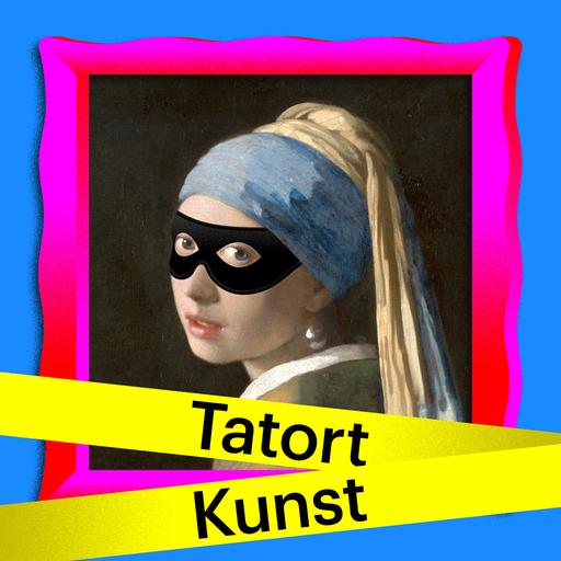 Tatort Kunst: 
Eine Illustration des Bildes „Das Mädchen mit dem Perlenohrring“ von Jan Vermeer, davor gelbes Absperrband auf dem "Tatort Kunst" steht.