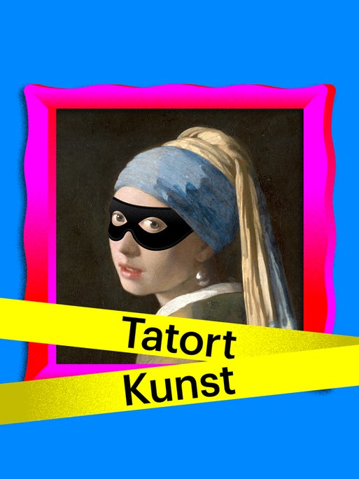 Tatort Kunst: 
Eine Illustration des Bildes „Das Mädchen mit dem Perlenohrring“ von Jan Vermeer, davor gelbes Absperrband auf dem "Tatort Kunst" steht.