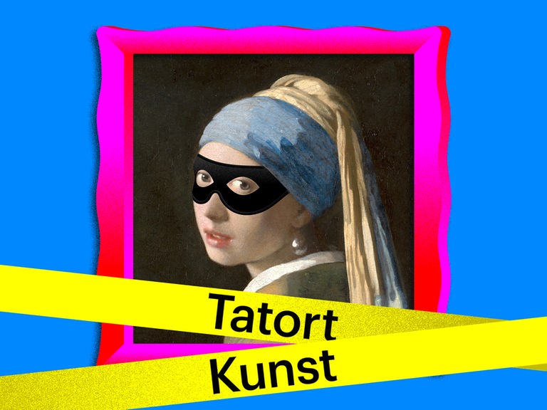 Tatort Kunst: 
Eine Illustration des Bildes „Das Mädchen mit dem Perlenohrring“ von Jan Vermeer, davor gelbes Absperrband auf dem "Tatort Kunst" steht.