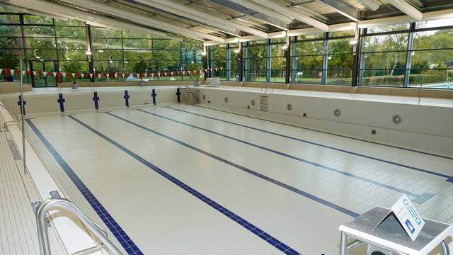 Ein leeres Hallen-Bad. Im Becken ist kein Wasser.