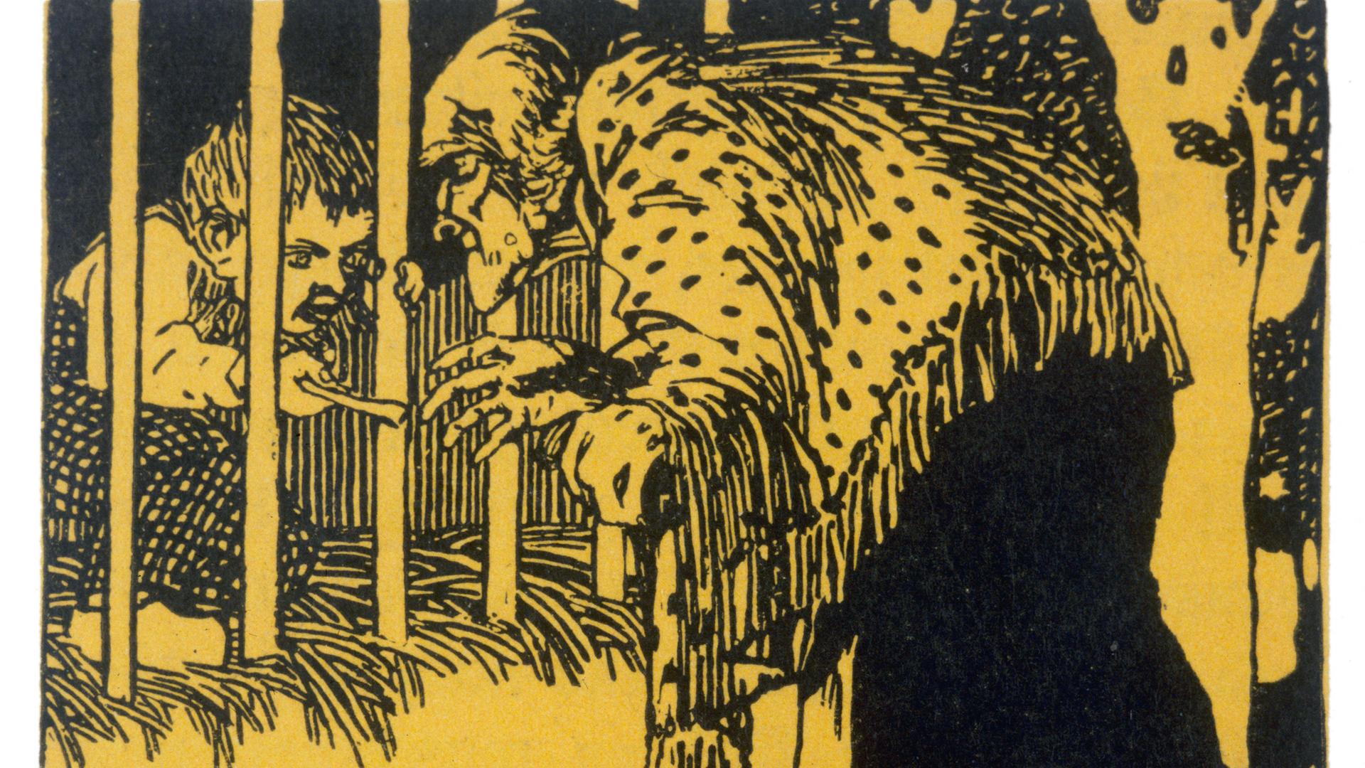 Auf einer Grafik ist zu sehen, wie sich eine Hexe zu einem Jungen in einem Käfig herab beugt. Der Junge einen kleinen Knochen in der Hand.