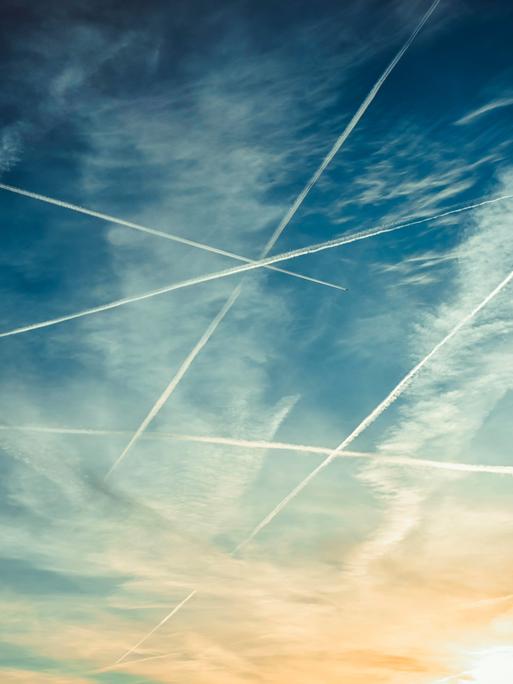 Blick in den Himmel, wo im Gegenlicht Flugzeuge mit Kondensstreifen zu sehen sind