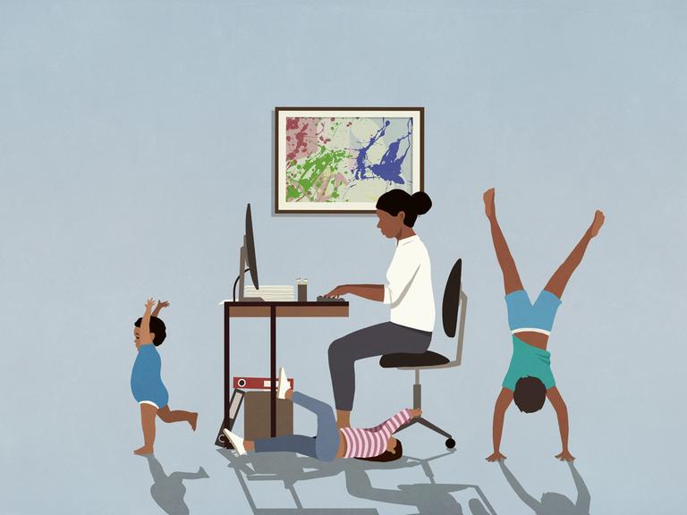 Illustration einer Mutter, die am Schreibtisch an einem Computer arbeitet. Neben ihr turnen drei Kinder durchs Zimmer. Sie lässt sich nicht von ihnen beirren.