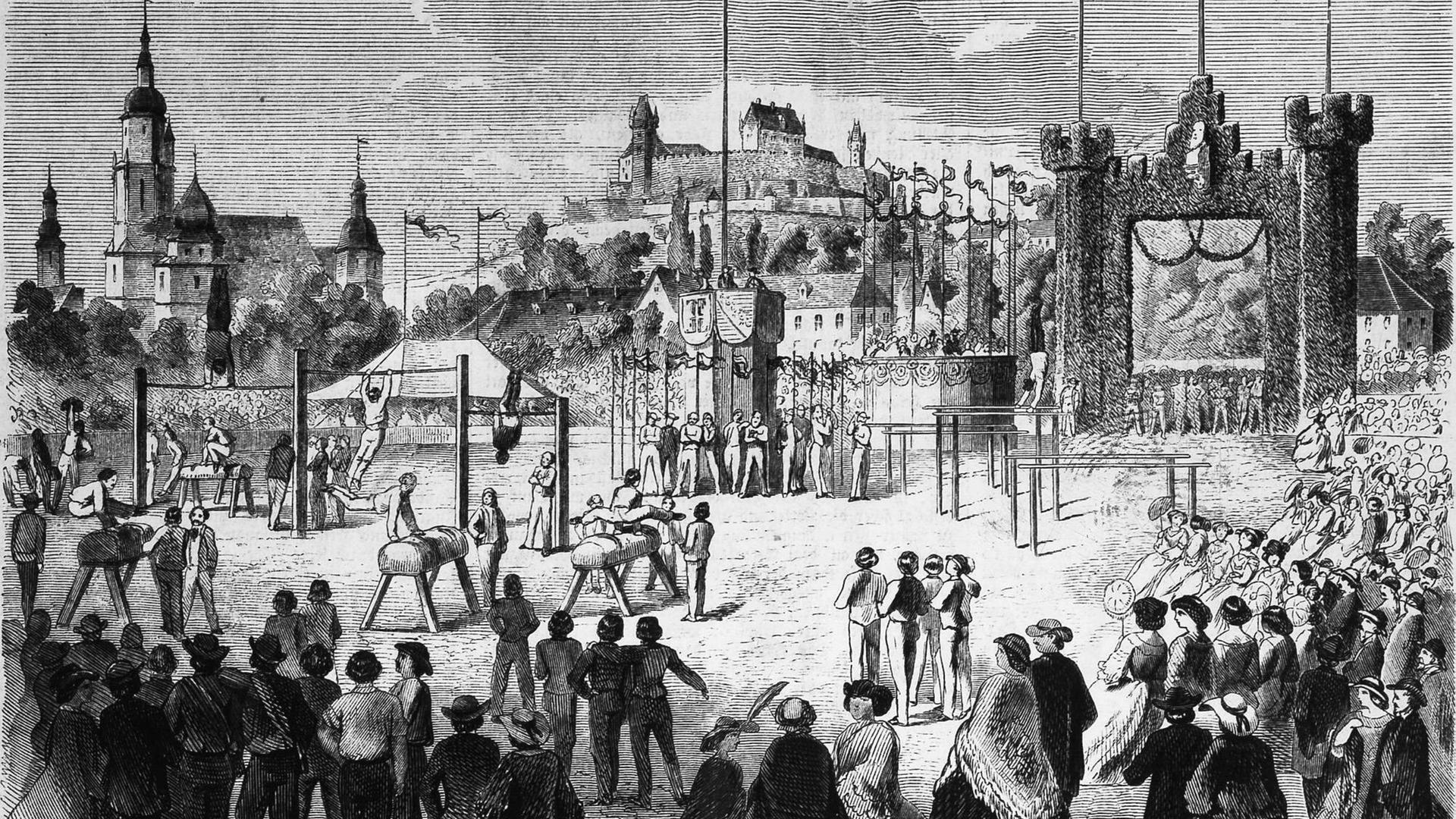 Eine zeitgenössische Zeichnung zeigt eine Ansammlung von Menschen vor der Stadansicht von Coburg. Eine zeitgenössische Zeichnung zeigt eine Ansammlung von Menschen vor der Stadansicht von Coburg.