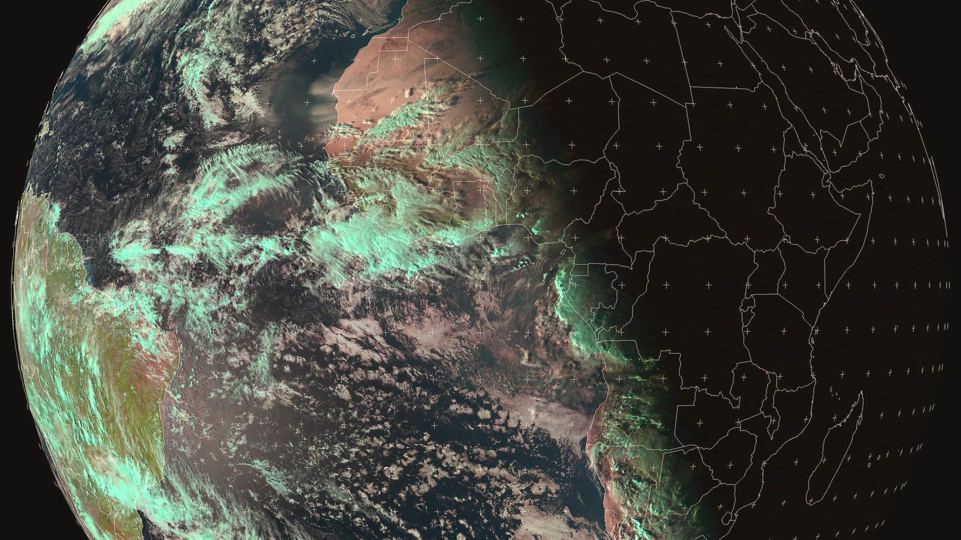 Zu sehen ist eine Aufnahme der Erde aus dem All. Die Südhalbkugel erhält deutlich mehr Sonnenlicht als die Nordhalbkugel.