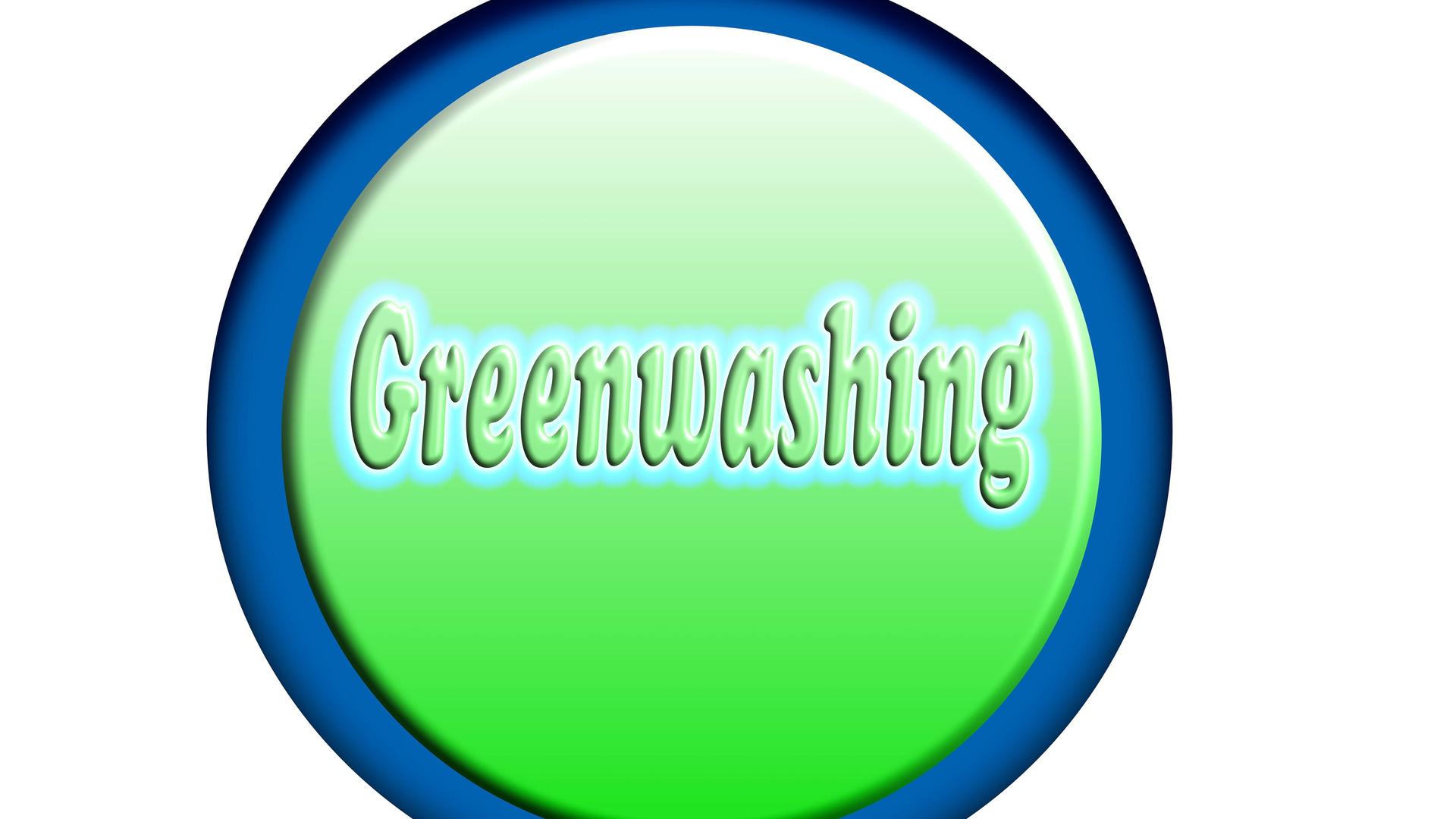 Ein Kreis mit blauem Rand, in dem auf dunklerem grünen Untergrund in hellerem Grün das Wort "Greenwashing" steht.