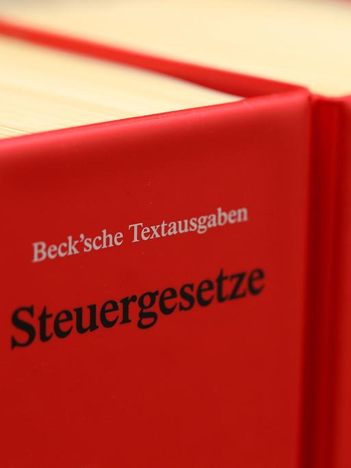 Zwei Steuergesetzbücher in rotem Einband stehen in einem Regal.
