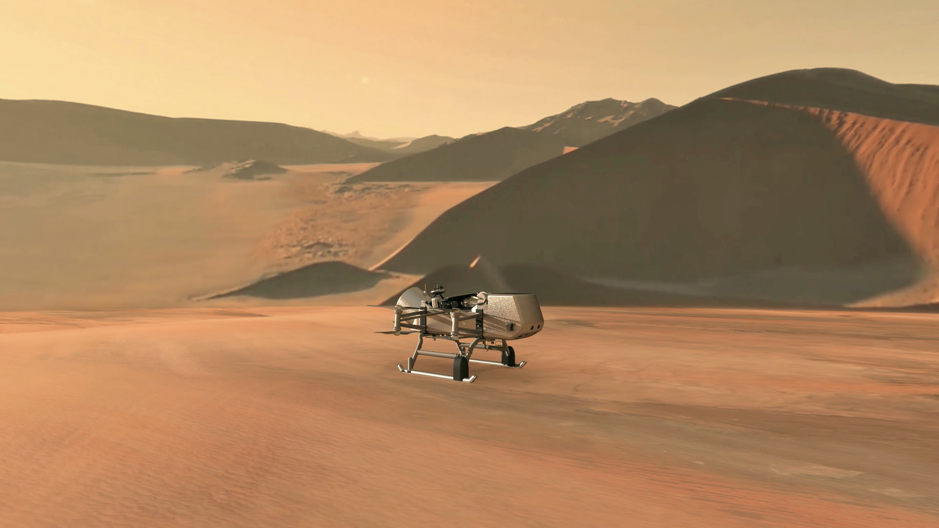 So könnte Mitte der 2030er Jahre die Erforschung des Titan aussehen: Illustration des Titan-Helikopters Dragonfly