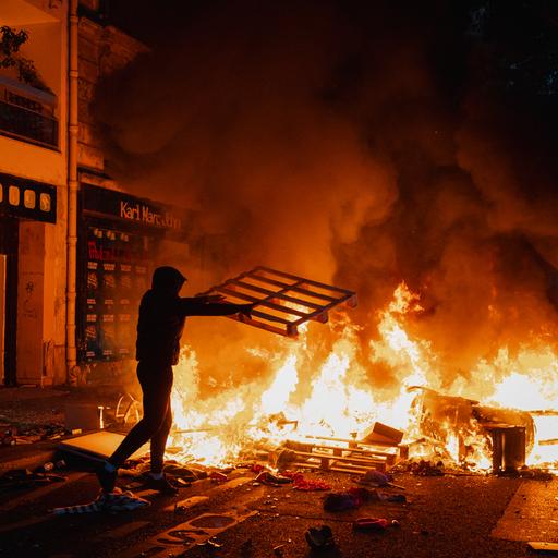 Ausschreitungen in Paris: Ein Demonstrant wirft eine Palette in ein Feuer.
