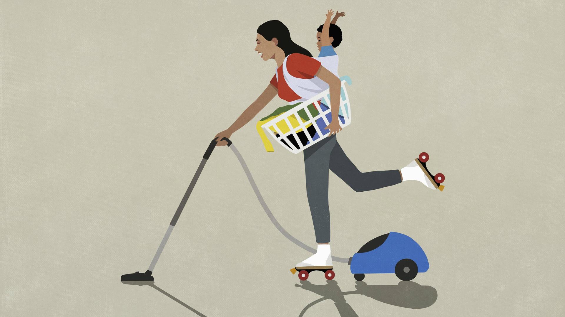 Illustration einer Frau auf Rollerskates, die einen Wäschekorb trägt, ein Kind auf dem Rücken hat und staubsaugt