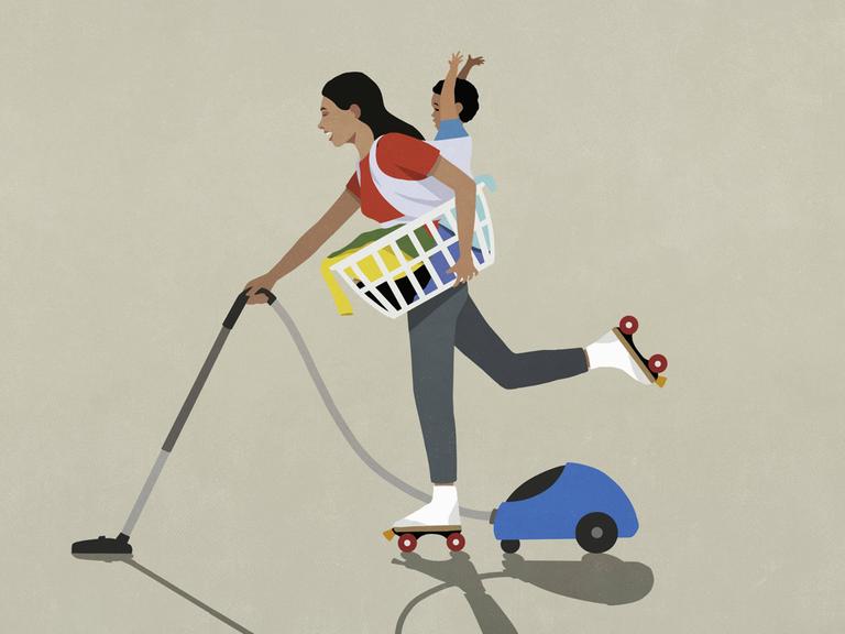 Illustration einer Frau auf Rollerskates, die einen Wäschekorb trägt, ein Kind auf dem Rücken hat und staubsaugt