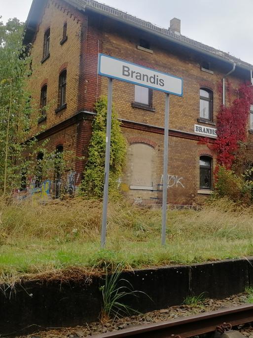 Das verfallene Bahnhofsgebäude von Brandis. Die Bahnsteige wachsen mit Gräsern zu. Vor dem Gebäude steht das Stationsschild "Brandis".