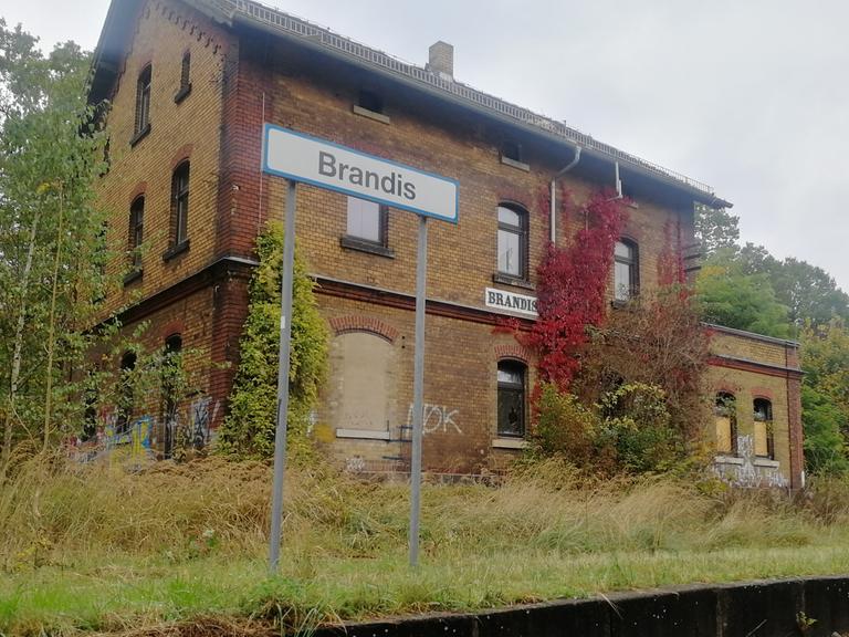 Das verfallene Bahnhofsgebäude von Brandis. Die Bahnsteige wachsen mit Gräsern zu. Vor dem Gebäude steht das Stationsschild "Brandis".