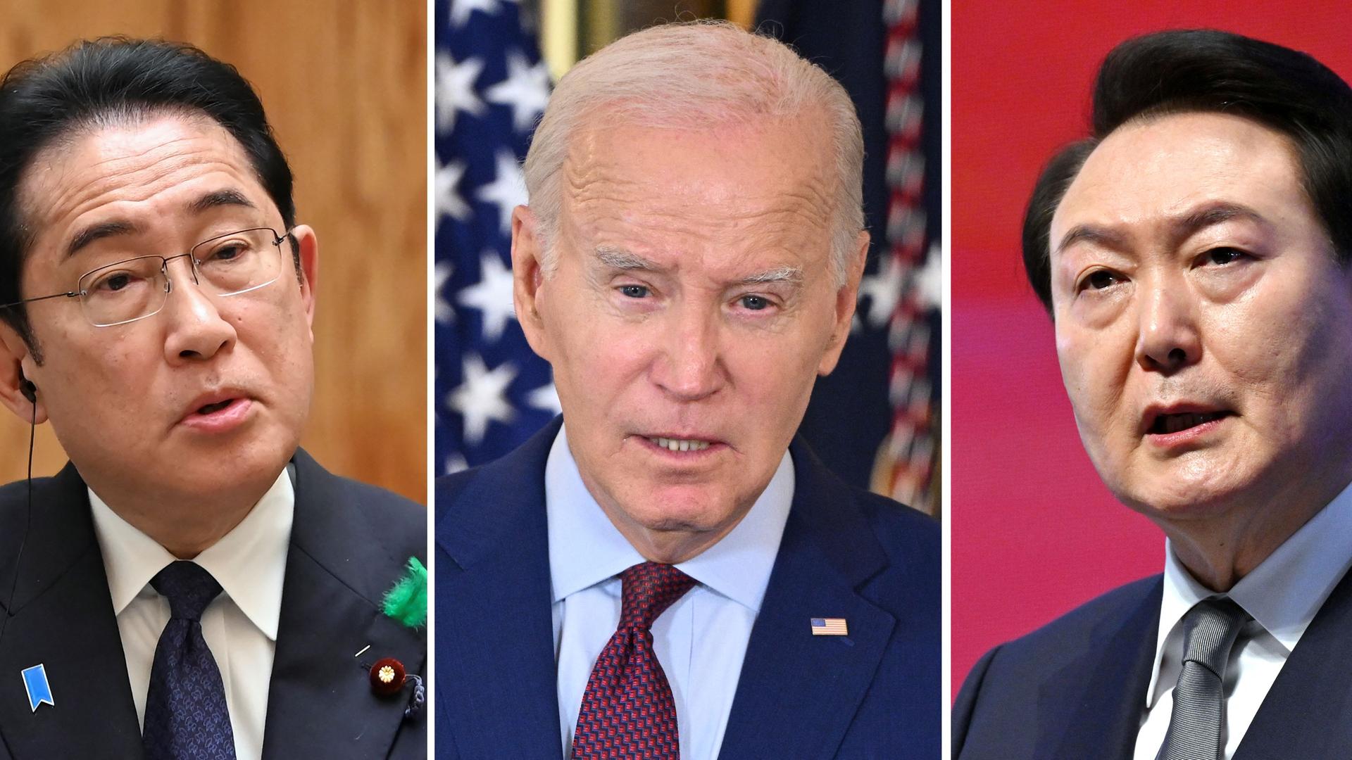 Der japanische Premierminister Kishida, US-Präsident Biden und der südkoreanische Präsident Yoon in einer Fotomontage von drei Porträts.