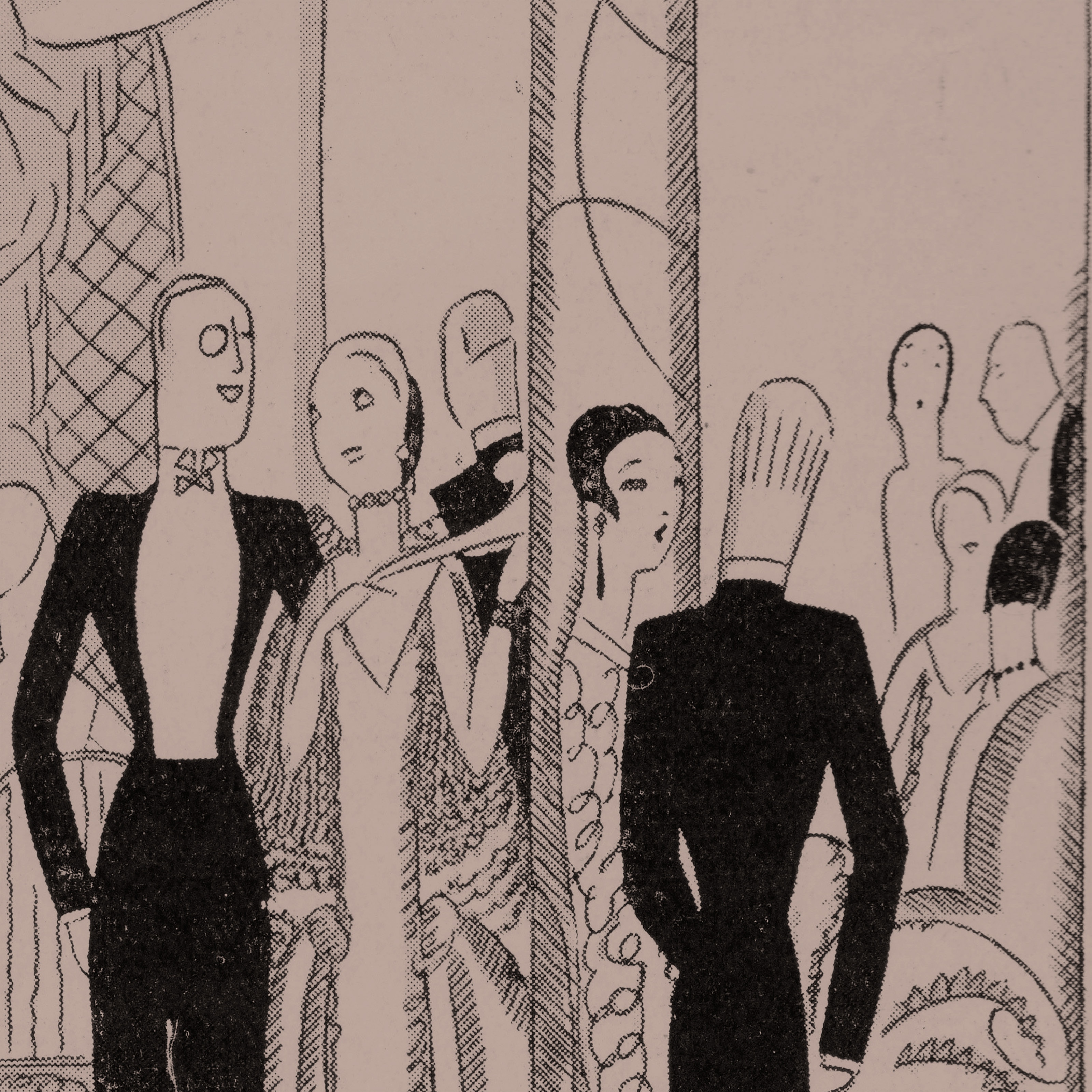 Illustration einer Hotelsituation in schwarz auf bräunlichem Hintergrund.