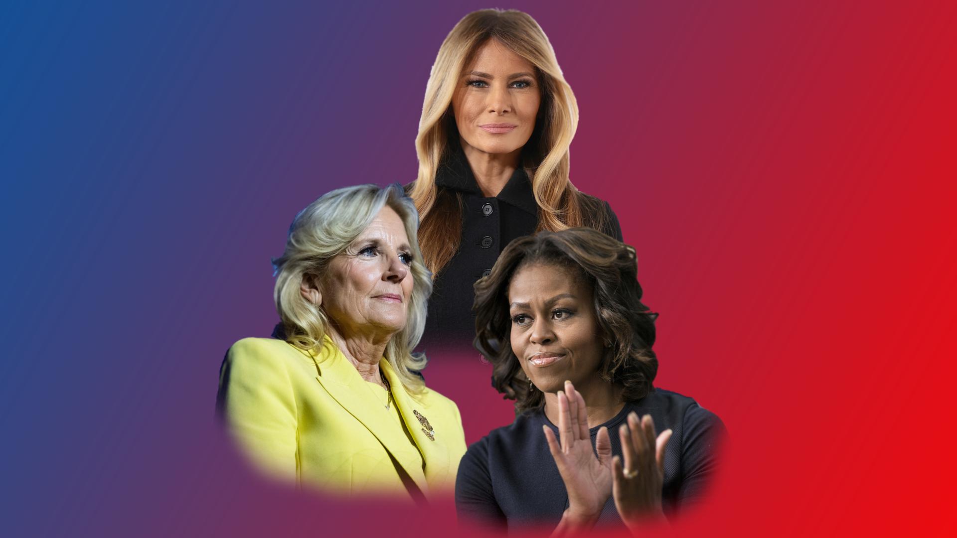 Collage mit dem Porträts von Melania Trump, Jill Biden und Michelle Obama. Collage mit dem Porträts von Melania Trump, Jill Biden und Michelle Obama.