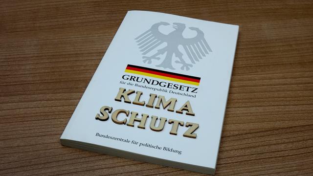 Das Wort "Klimaschutz" steht in einer Bild-Grafik auf einer Ausgabe des Grundgesetzes.