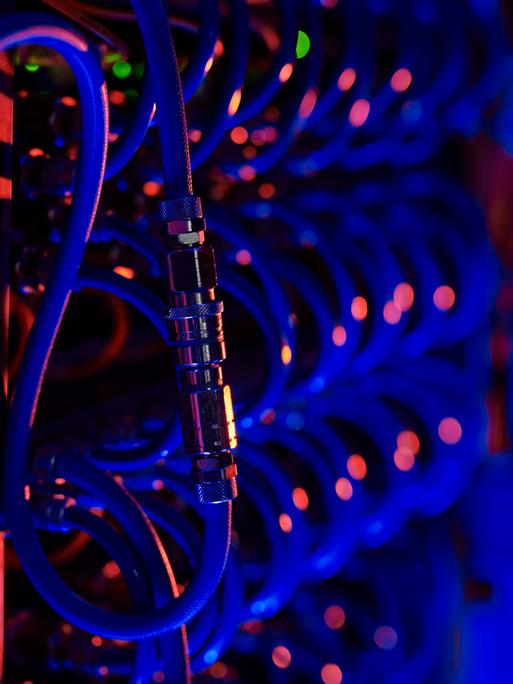 Computer cables attached together in server room property released