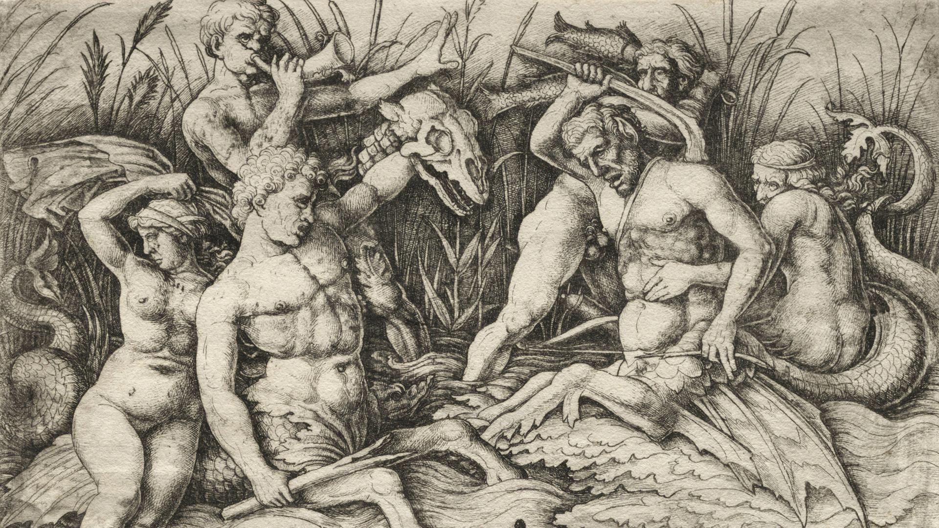 "Zwei Tritonen im Kampf - Schlacht der Meeresgötter" Kopie nach Andrea Mantegna.