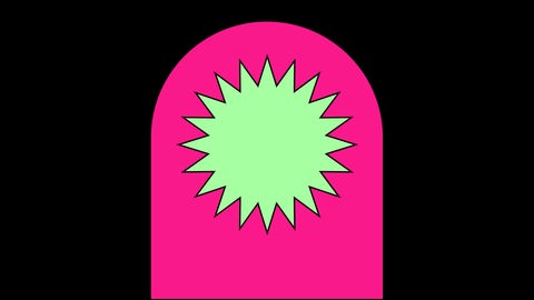 Die Grafik zeigt einen grünen Stern auf einem pinken, halbrunden Grund auf einem schwarzen Rechteck.