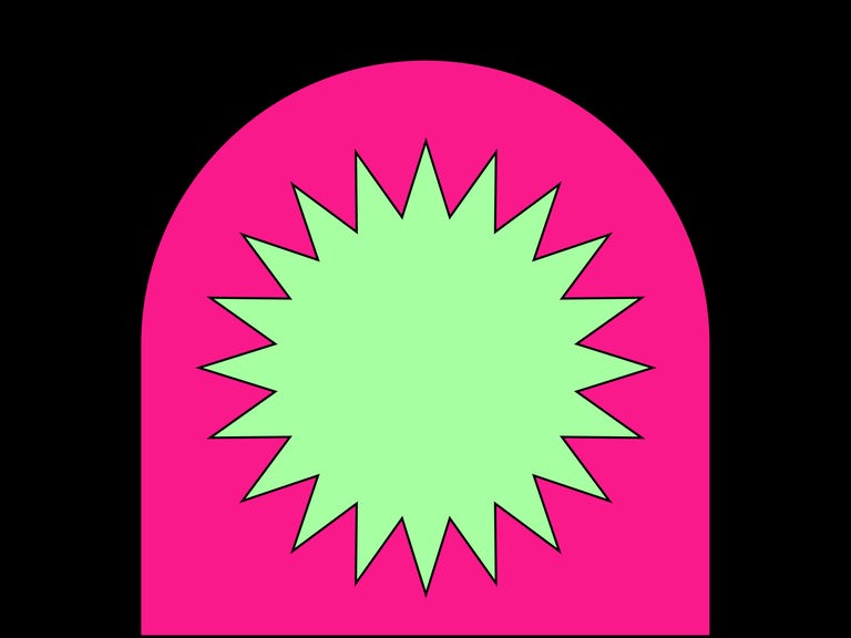 Die Grafik zeigt einen grünen Stern auf einem pinken, halbrunden Grund auf einem schwarzen Rechteck.