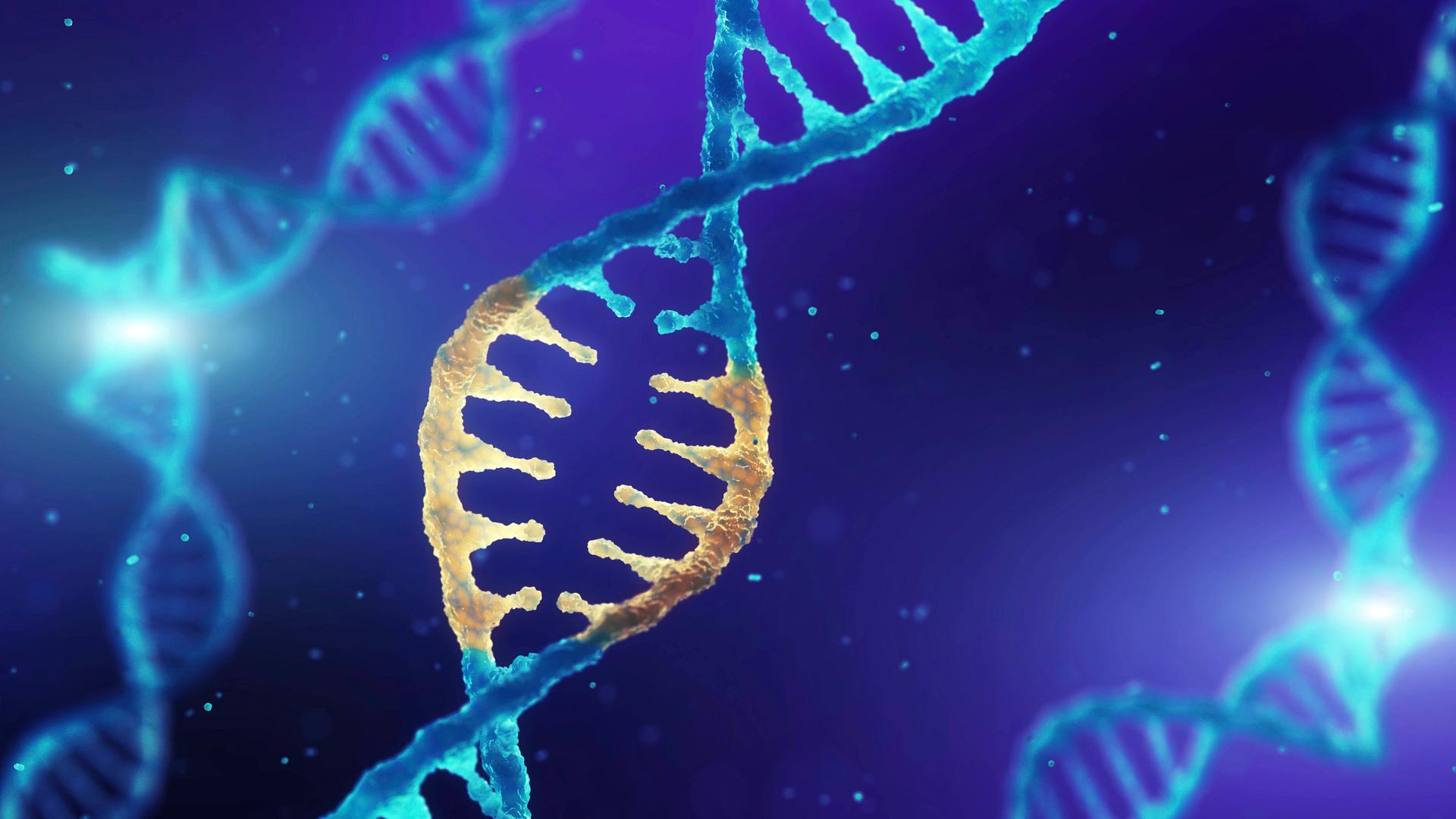 Die Illustration zu Gentechnik zeigt ein Doppelhelix-DNA-Molekül mit veränderten Genen.