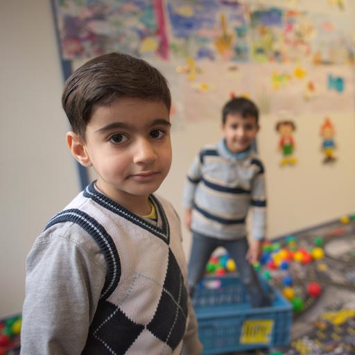 Zwei syrische Kinder spielen in der Kinderbetreuung in einer Flüchtlingsunterkunft.
