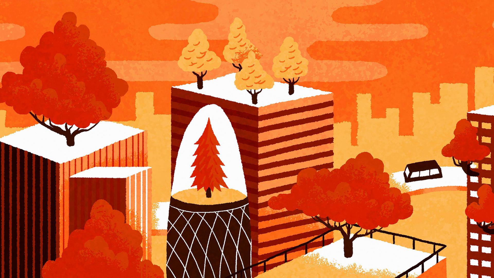 Illustration einer Futuristisch anmutenden umweltfreundlichen Stadt mit Bäumen auf Dächern.