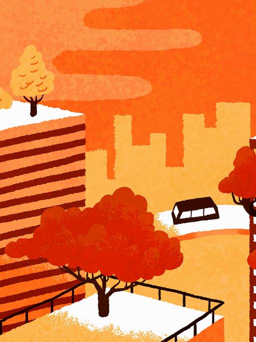 Illustration einer Futuristisch anmutenden umweltfreundlichen Stadt mit Bäumen auf Dächern.