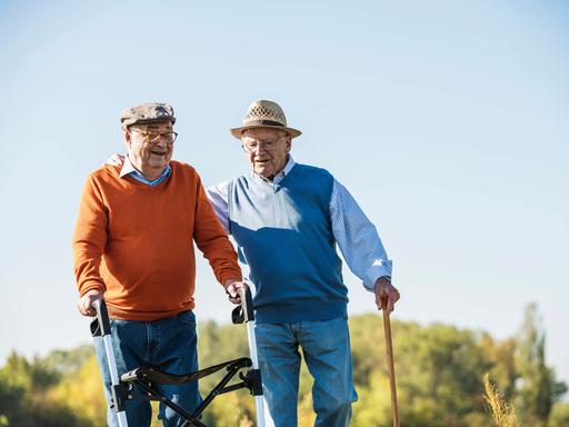 Zwei ältere Herren gehen gemeinsam spazieren.