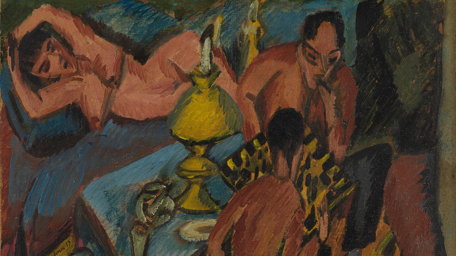 Erich Heckel und Otto Mueller gemalt von Ernst Ludwig Kirchne beim Schach an einem Tisch neben einer großen Lampe. Im Hintergrund räkelt sich eine nackte Frau. Erich Heckel und Otto Mueller gemalt von Ernst Ludwig Kirchne beim Schach an einem Tisch neben einer großen Lampe. Im Hintergrund räkelt sich eine nackte Frau.