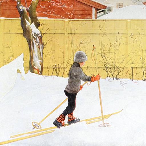 Kleiner Junge mit Skiern und Stöckern in einer Winterlandschaft. Illustration von 1917 zu Carl Larssons "Das Haus in der Sonne".