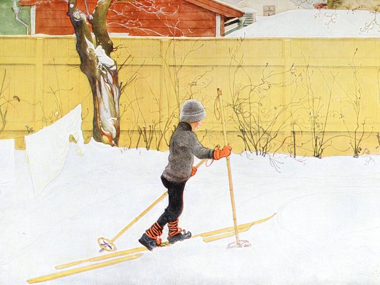 Kleiner Junge mit Skiern und Stöckern in einer Winterlandschaft. Illustration von 1917 zu Carl Larssons "Das Haus in der Sonne".