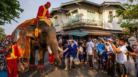 Toruisten, wahrscheinlich aus China, stehen bei einer Elefantenparade neben einem festlich geschmückten Elefanten. Sie machen Fotos. Im Hintergrund sind Häuser der laotischen Stadt Luang Prabang erkennbar. Toruisten, wahrscheinlich aus China, stehen bei einer Elefantenparade neben einem festlich geschmückten Elefanten. Sie machen Fotos. Im Hintergrund sind Häuser der laotischen Stadt Luang Prabang erkennbar.
