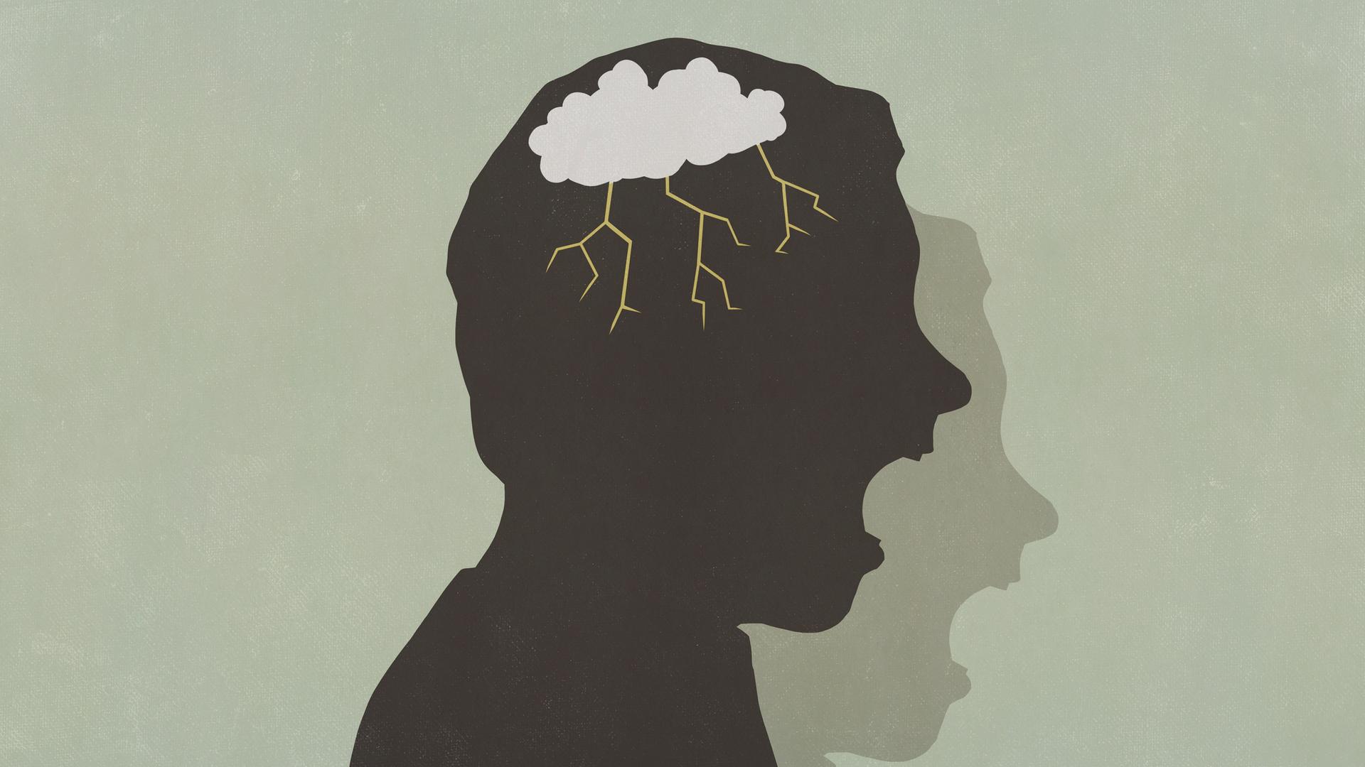 Illustration eines Mannes, der schreit und in dessen Kopf ein Gewitter aufzieht