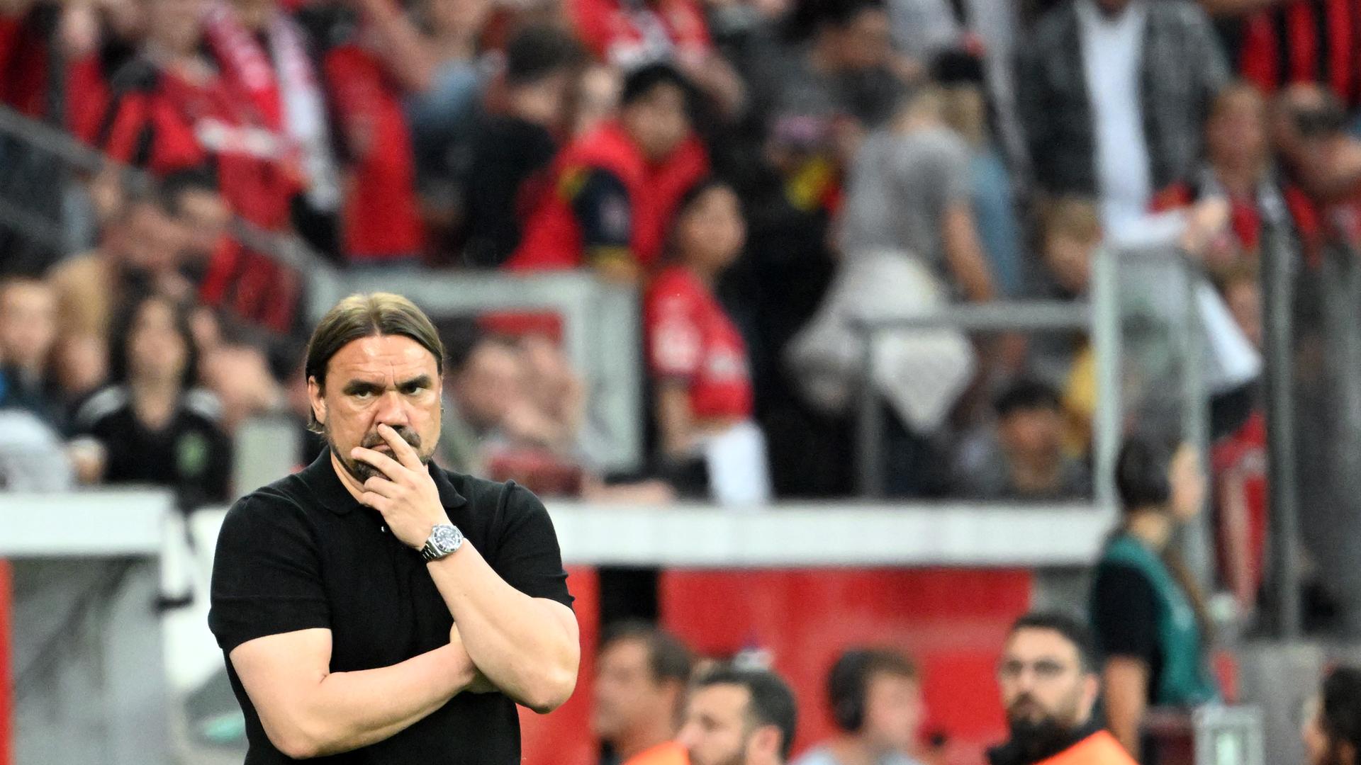 Mönchengladbachs Trainer Daniel Farke an der Linie im Spiel von Bayer Leverkusen gegen Borussia Mönchengladbach am 21.5.2023