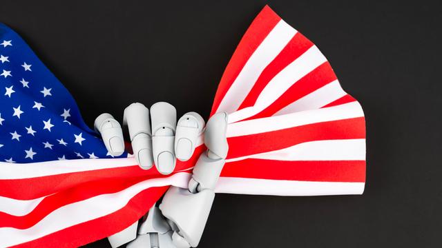 Illustration einer Roboterhand, die eine USA-Flagge in der Hand knüllt.